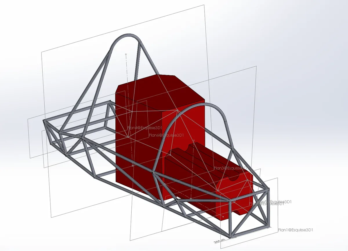 CAD of the tubular spaceframe with red keep-out volumes